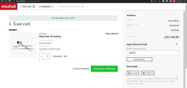 mohd checkout page showing mohd discount code box | Screenshot taken by SimplyCodes community member on Apr 6, 2022
