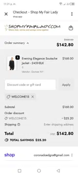 WELCOME15 coupon verification screenshot