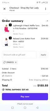 Stars15 coupon verification screenshot