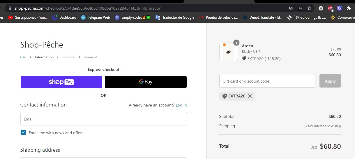 Shop-Peche checkout page showing Shop-Peche promo code box | Screenshot taken by SimplyCodes community member on Jan 14, 2023
