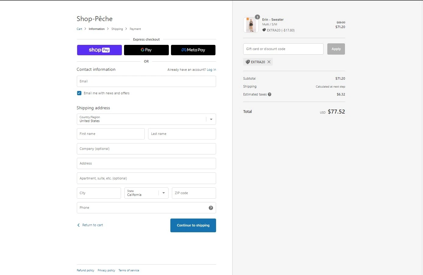 Shop-Peche checkout page showing Shop-Peche promo code box | Screenshot taken by SimplyCodes community member on Feb 12, 2023