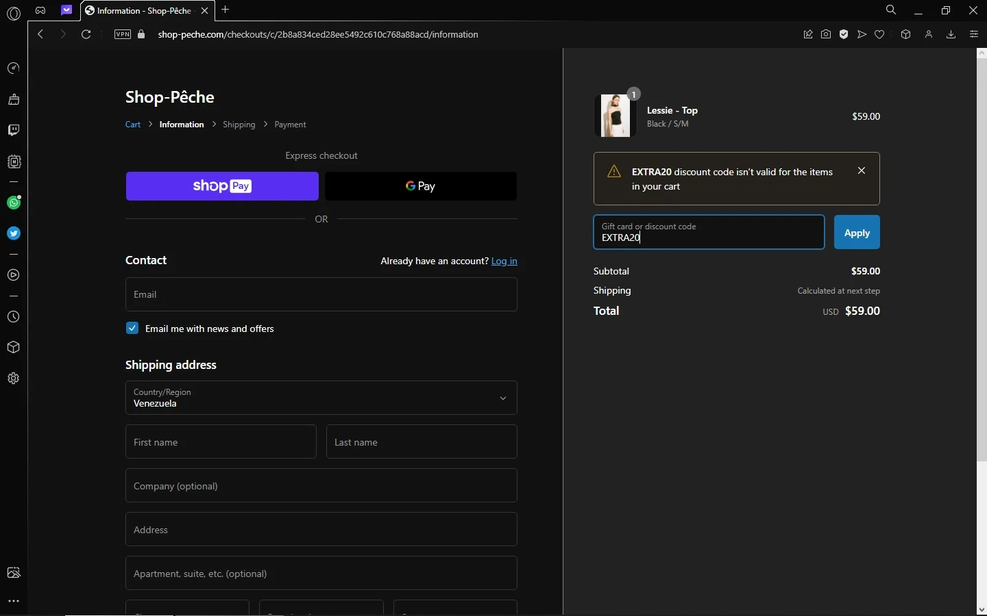 Shop-Peche checkout page showing Shop-Peche promo code box | Screenshot taken by SimplyCodes community member on May 10, 2023