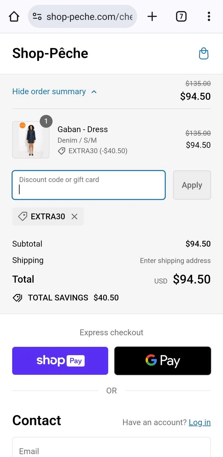 Shop-Peche checkout page showing Shop-Peche promo code box | Screenshot taken by SimplyCodes community member on Feb 24, 2024