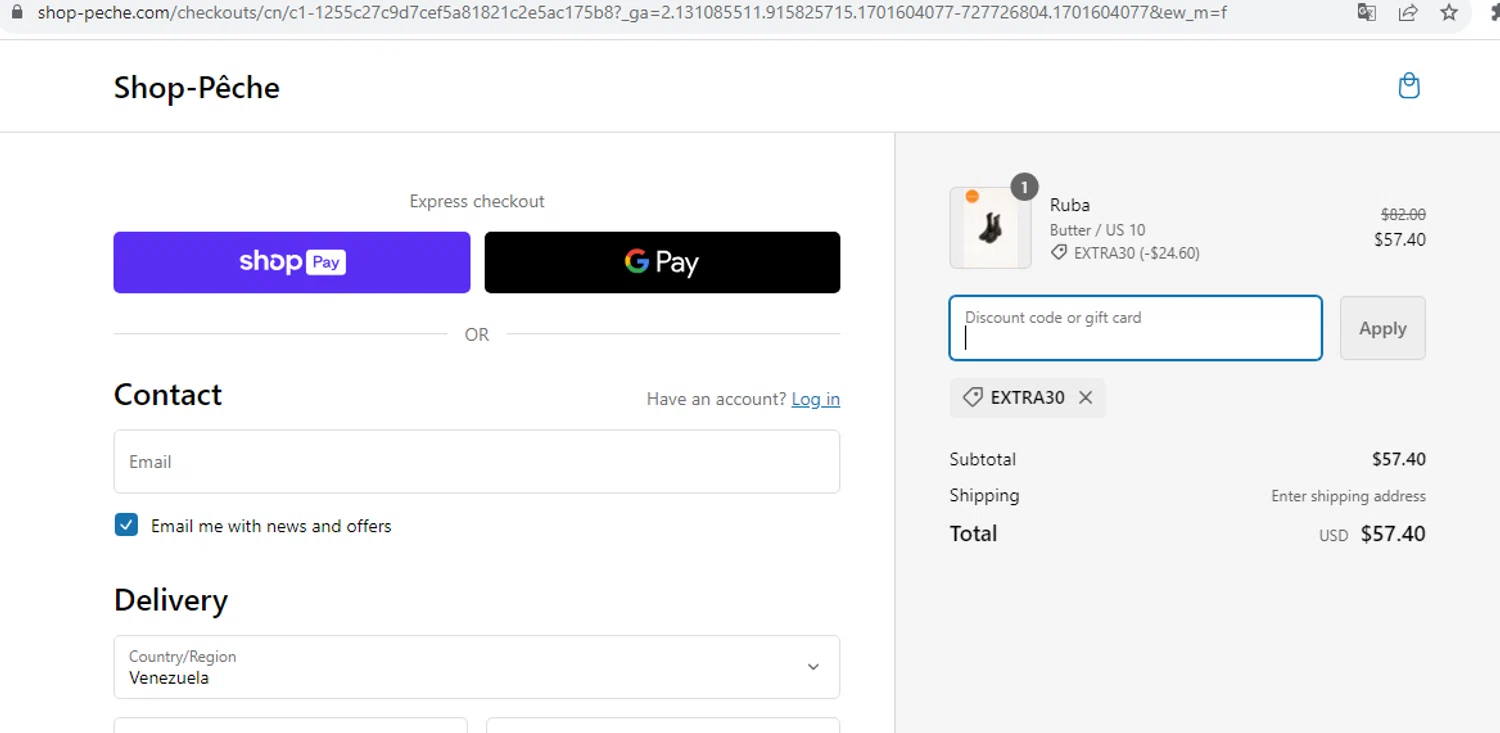 Shop-Peche checkout page showing Shop-Peche promo code box | Screenshot taken by SimplyCodes community member on Dec 3, 2023