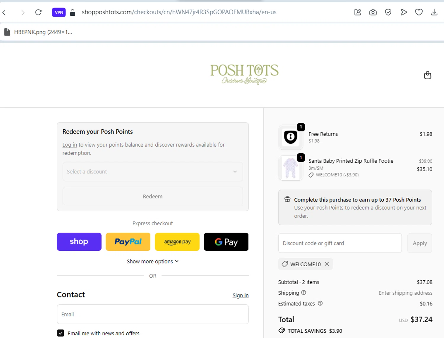 Posh Tots Children's Boutique promo code screenshot showing code WELCOME10 applied at Posh Tots Children's Boutique checkout page. Uploaded by SimplyCodes community member ELIEZERG on Oct 15, 2025