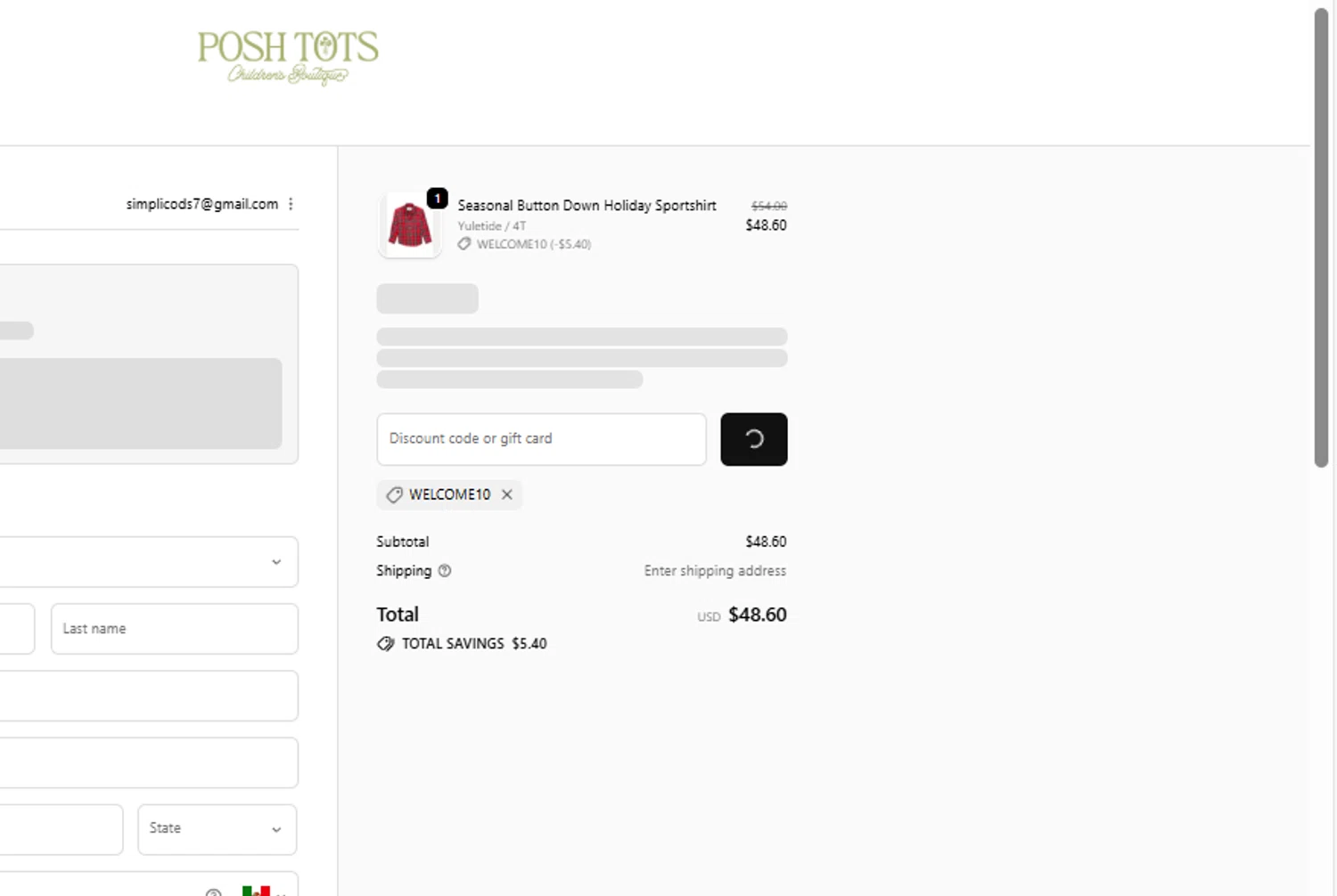 Posh Tots Children's Boutique promo code screenshot showing code WELCOME10 applied at Posh Tots Children's Boutique checkout page. Uploaded by SimplyCodes community member PromoPioneer5927 on Oct 7, 2025