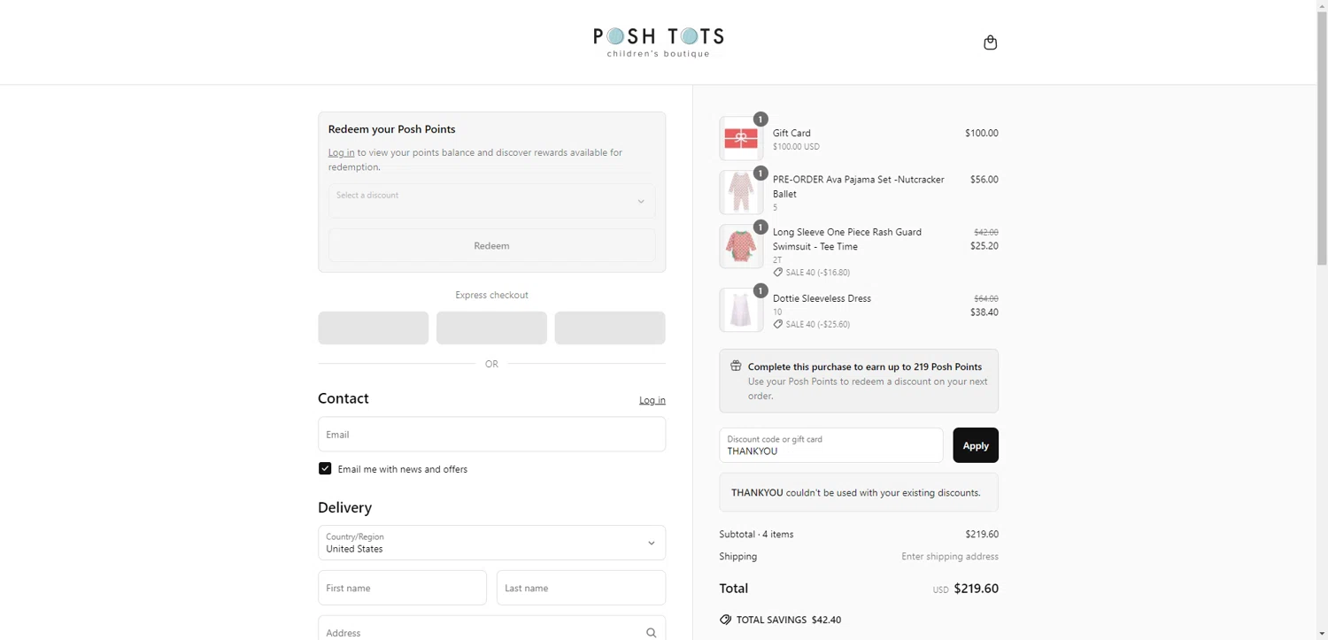 Posh Tots Children's Boutique promo code screenshot showing code THANKYOU applied at Posh Tots Children's Boutique checkout page. Uploaded by SimplyCodes community member SilverChaser3269 on Jun 26, 2025