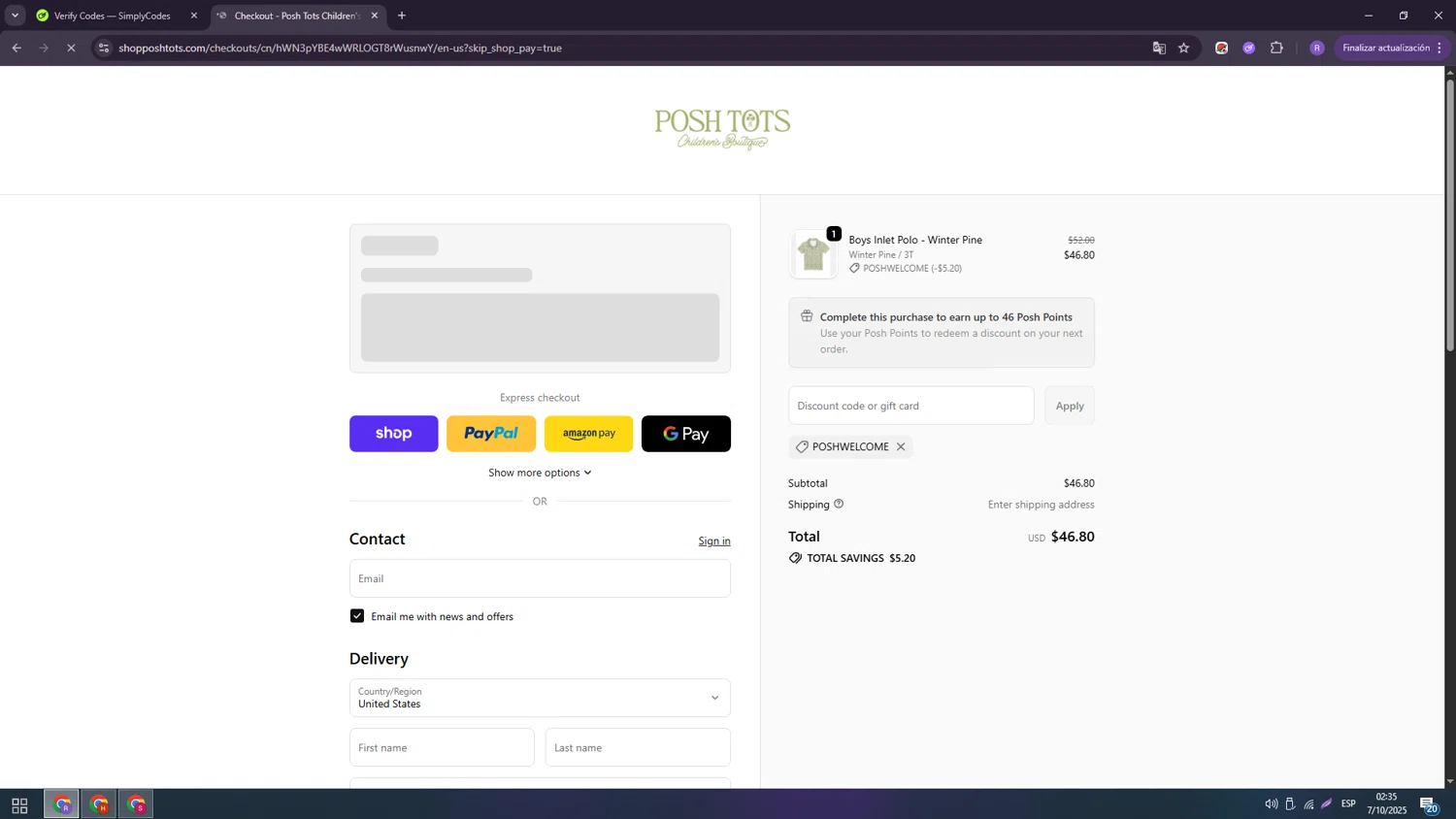 Posh Tots Children's Boutique promo code screenshot showing code POSHWELCOME applied at Posh Tots Children's Boutique checkout page. Uploaded by SimplyCodes community member usenameee on Oct 7, 2025