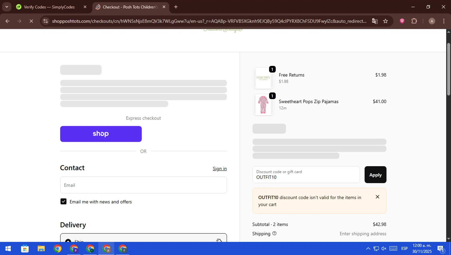 Posh Tots Children's Boutique promo code screenshot showing code OUTFIT10 applied at Posh Tots Children's Boutique checkout page. Uploaded by SimplyCodes community member ScanFalcon6148 on Nov 30, 2025