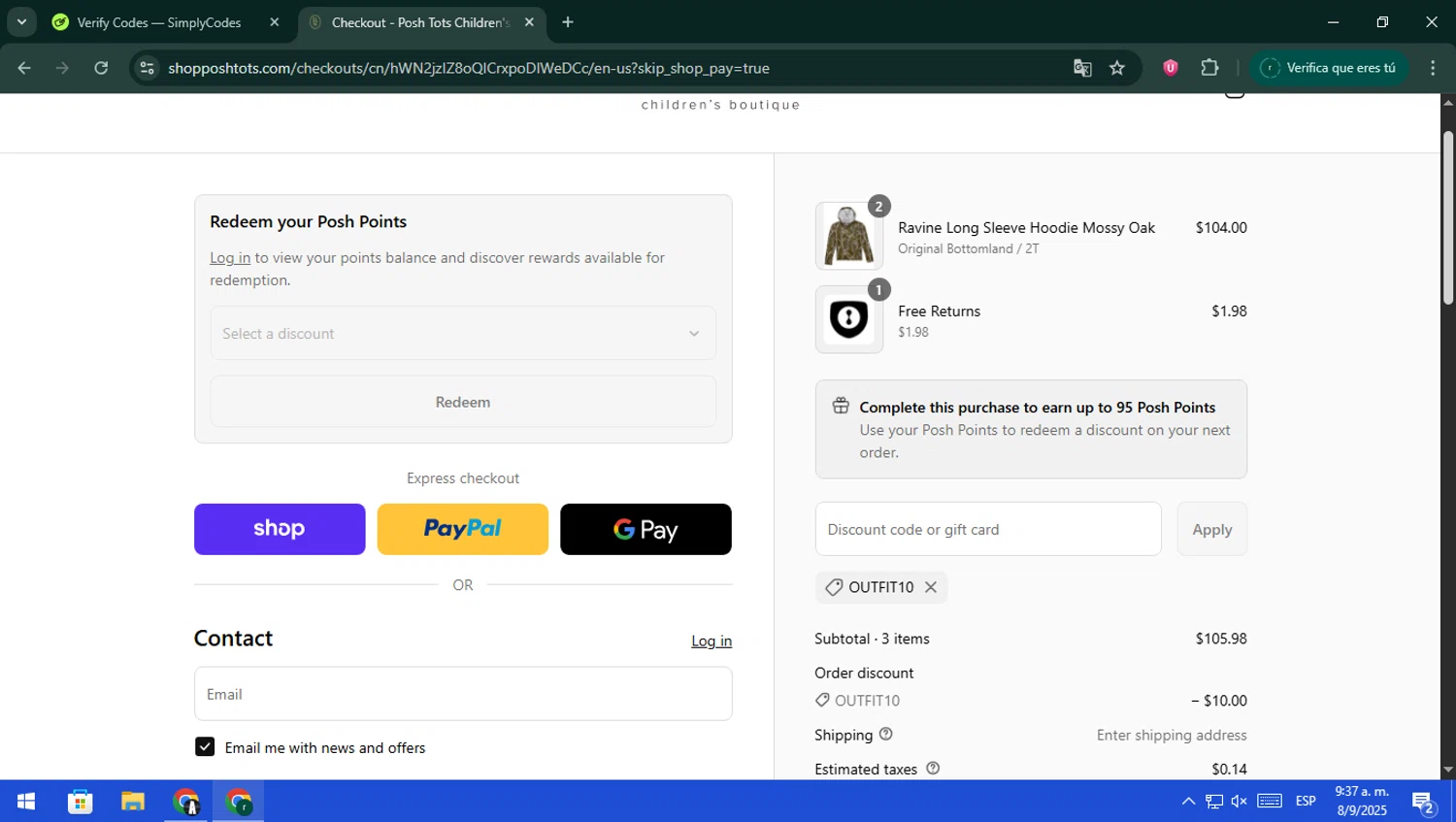 Posh Tots Children's Boutique promo code screenshot showing code OUTFIT10 applied at Posh Tots Children's Boutique checkout page. Uploaded by SimplyCodes community member rodri1 on Sep 8, 2025