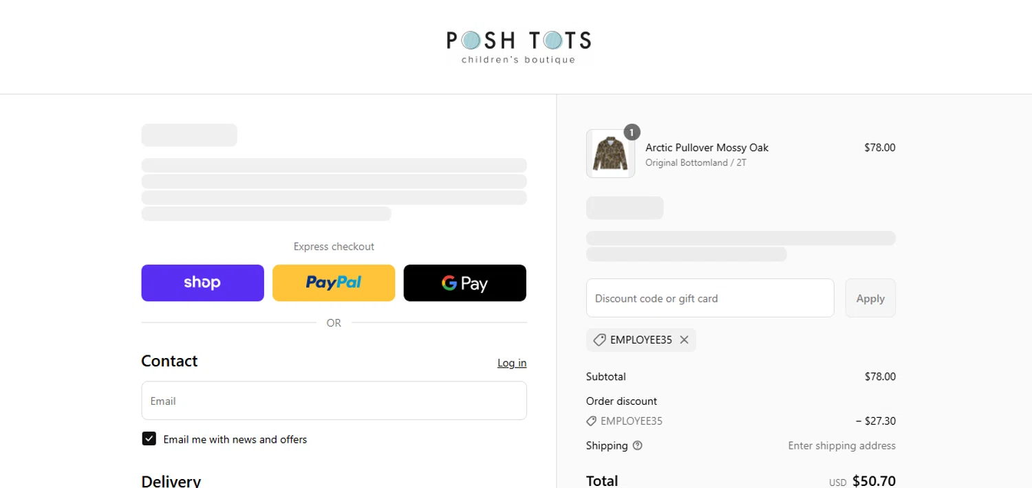 Posh Tots Children's Boutique promo code screenshot showing code EMPLOYEE35 applied at Posh Tots Children's Boutique checkout page. Uploaded by SimplyCodes community member MagnificentCurator5441 on Sep 8, 2025