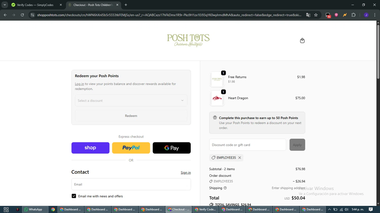 Posh Tots Children's Boutique promo code screenshot showing code EMPLOYEE35 applied at Posh Tots Children's Boutique checkout page. Uploaded by SimplyCodes community member WiseMaven9968 on Dec 21, 2025