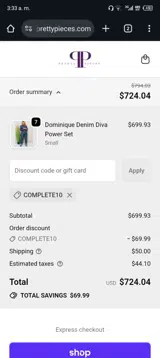 COMPLETE10 coupon verification screenshot
