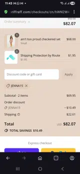 Jenna15 coupon verification screenshot