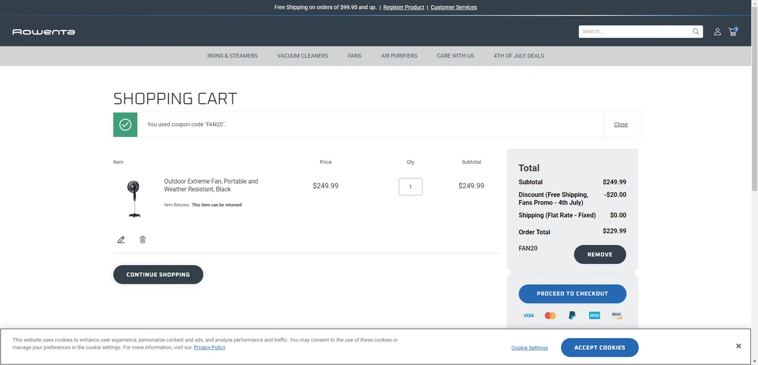 Rowenta checkout page showing Rowenta promo code box | Screenshot taken by SimplyCodes community member on Jul 4, 2025