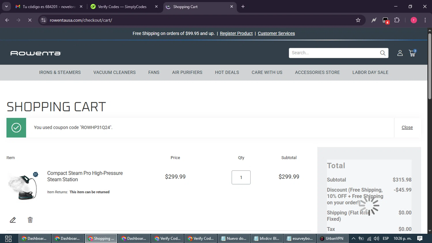 Rowenta checkout page showing Rowenta promo code box | Screenshot taken by SimplyCodes community member on Sep 1, 2025