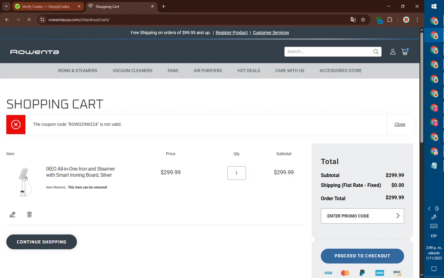 Rowenta promo code screenshot showing code ROWOZ9WZ24 applied at Rowenta checkout page. Uploaded by SimplyCodes community member DealElite4728 on Nov 1, 2025