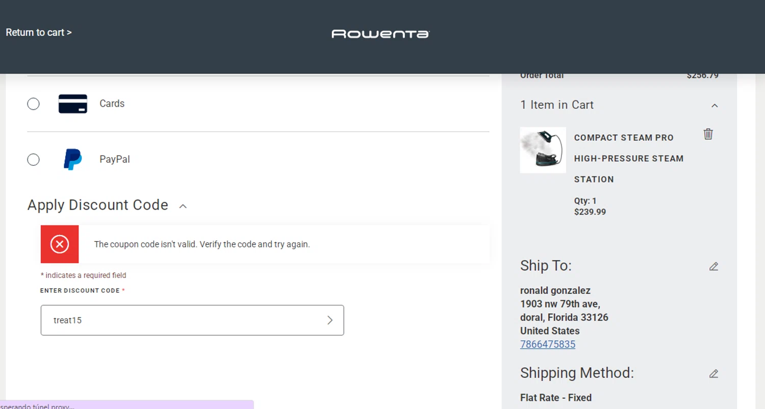 Rowenta promo code screenshot showing code treat15 applied at Rowenta checkout page. Uploaded by SimplyCodes community member Ronald on Nov 26, 2025