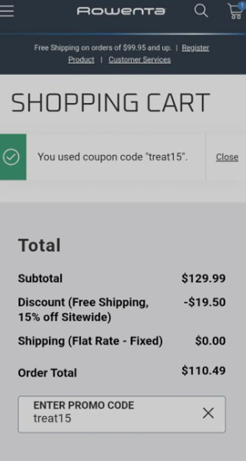 Rowenta promo code screenshot showing code treat15 applied at Rowenta checkout page. Uploaded by SimplyCodes community member alfock22 on Nov 21, 2025