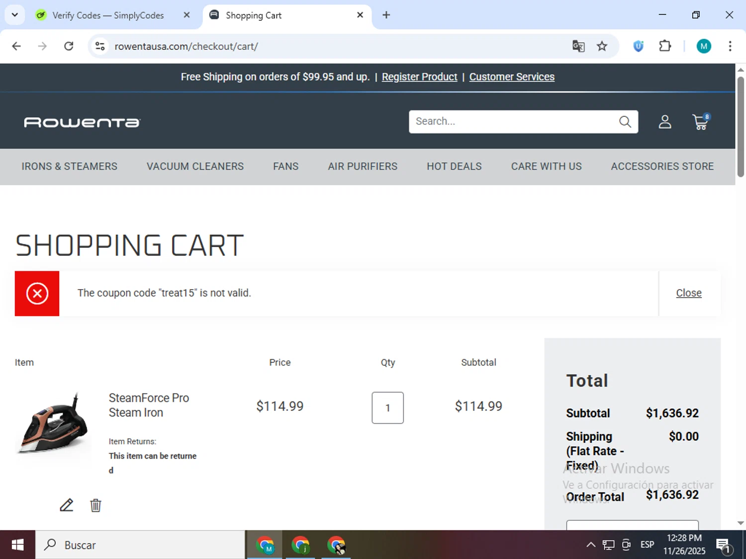 Rowenta promo code screenshot showing code treat15 applied at Rowenta checkout page. Uploaded by SimplyCodes community member estrellaveloz on Nov 26, 2025