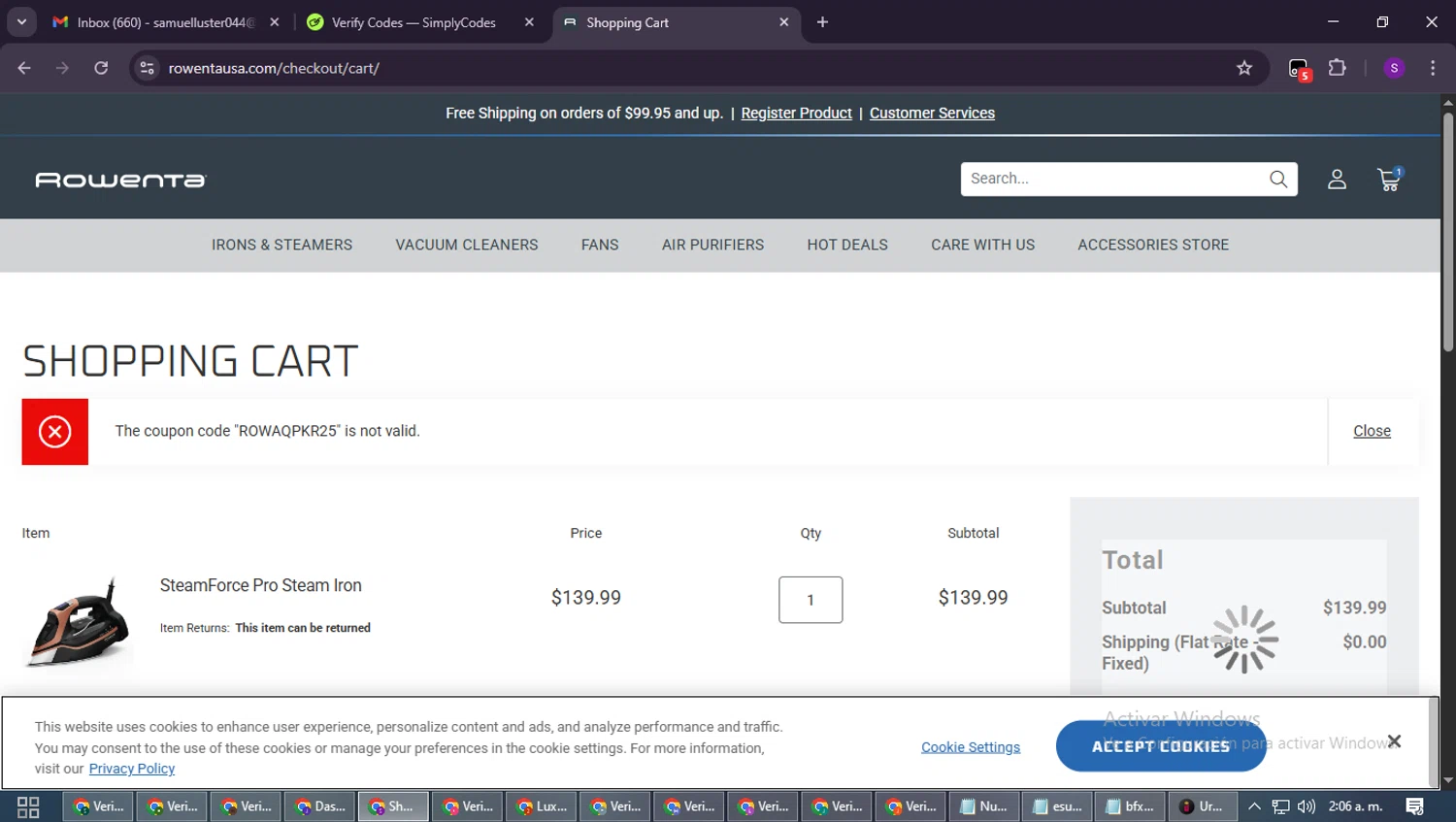 Rowenta promo code screenshot showing code ROWAQPKR25 applied at Rowenta checkout page. Uploaded by SimplyCodes community member ShieldWarden7838 on Nov 20, 2025