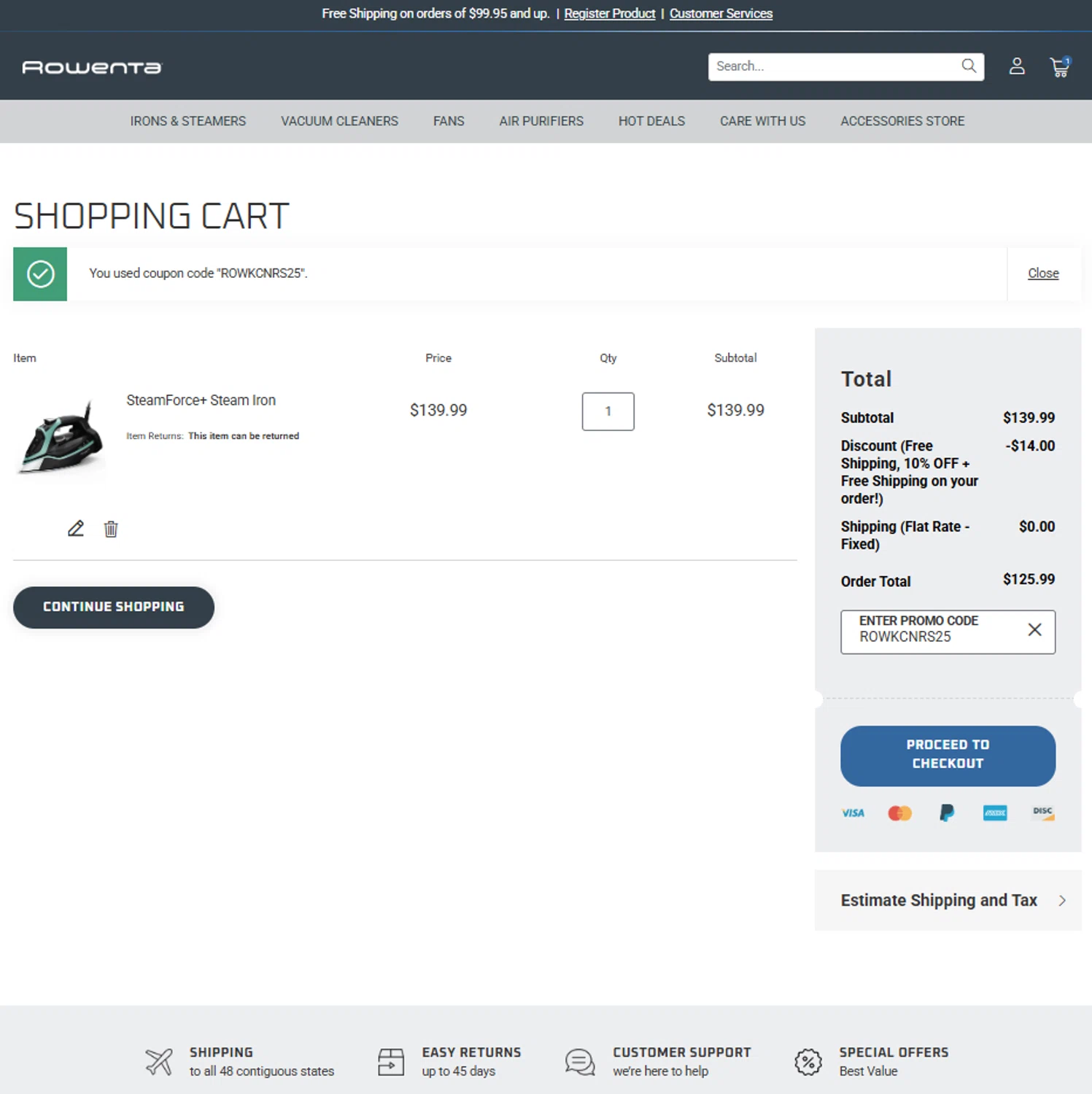 Rowenta promo code screenshot showing code ROWKCNRS25 applied at Rowenta checkout page. Uploaded by SimplyCodes community member reggiesmith on Jan 16, 2026