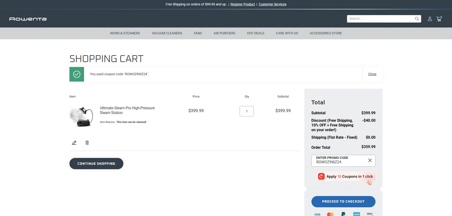 Rowenta promo code screenshot showing code ROWOZ9WZ24 applied at Rowenta checkout page. Uploaded by SimplyCodes community member Dorothy on Oct 3, 2025