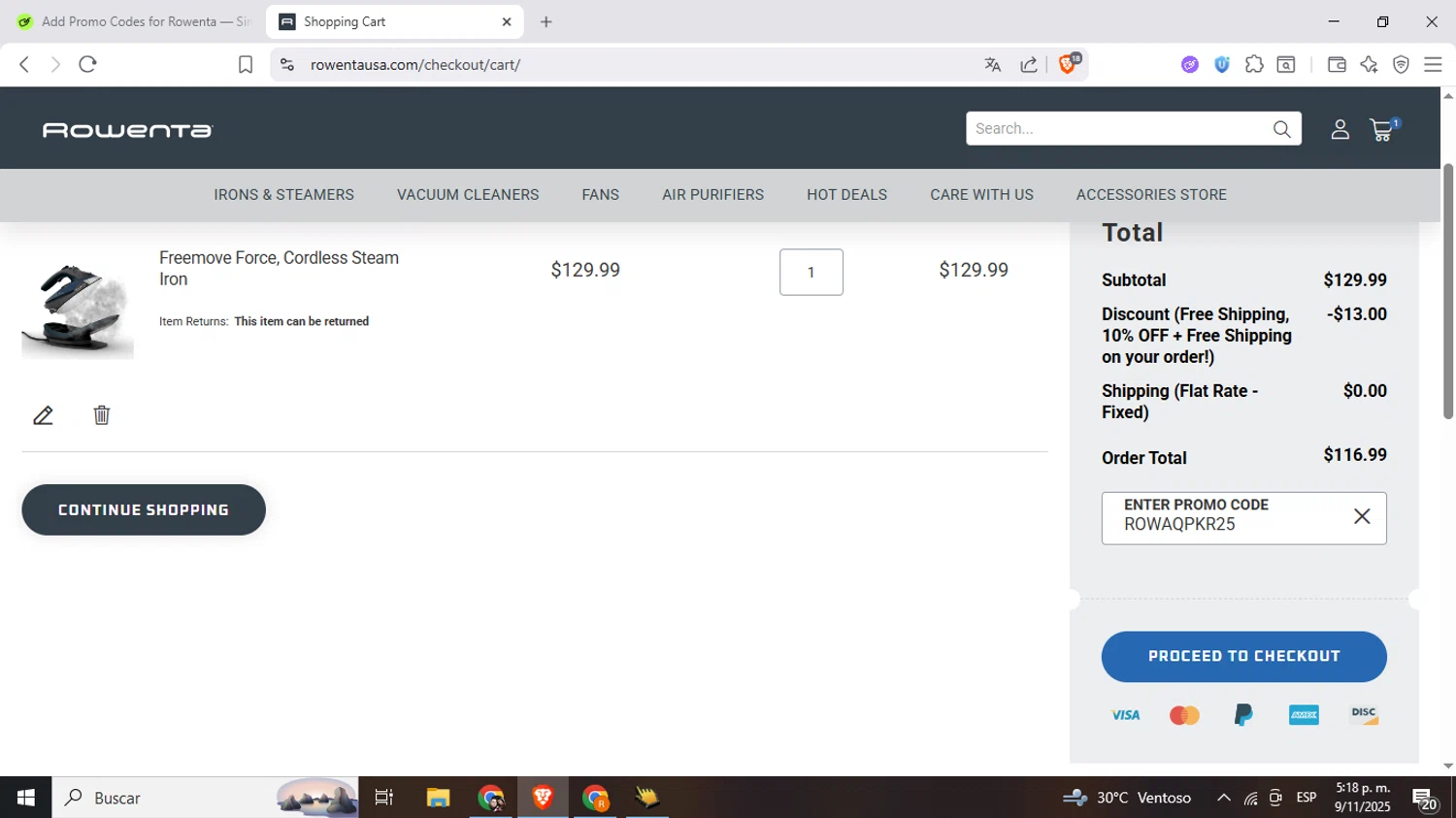 Rowenta promo code screenshot showing code ROWAQPKR25 applied at Rowenta checkout page. Uploaded by SimplyCodes community member Mujerdejunnior on Nov 9, 2025