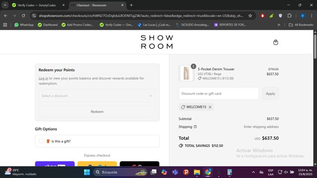SHOWROOM checkout page showing SHOWROOM promo code box | Screenshot taken by SimplyCodes community member on Aug 23, 2025