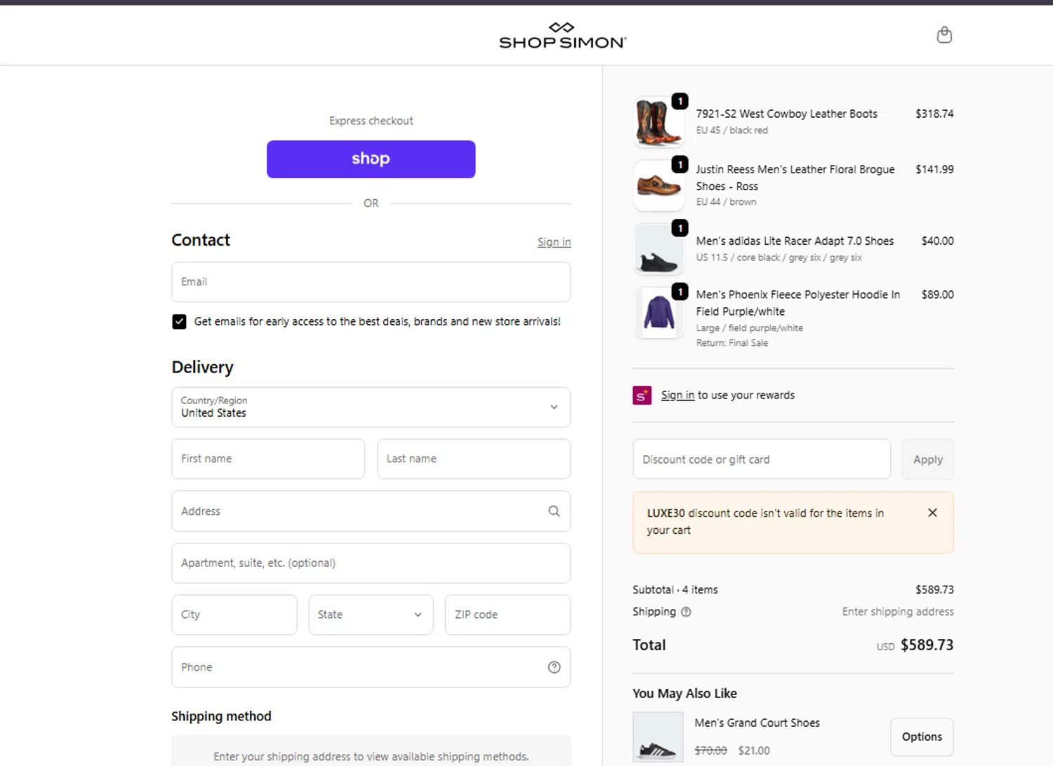 ShopSimon promo code screenshot showing code LUXE30 applied at ShopSimon checkout page. Uploaded by SimplyCodes community member ivanguere on May 27, 2026
