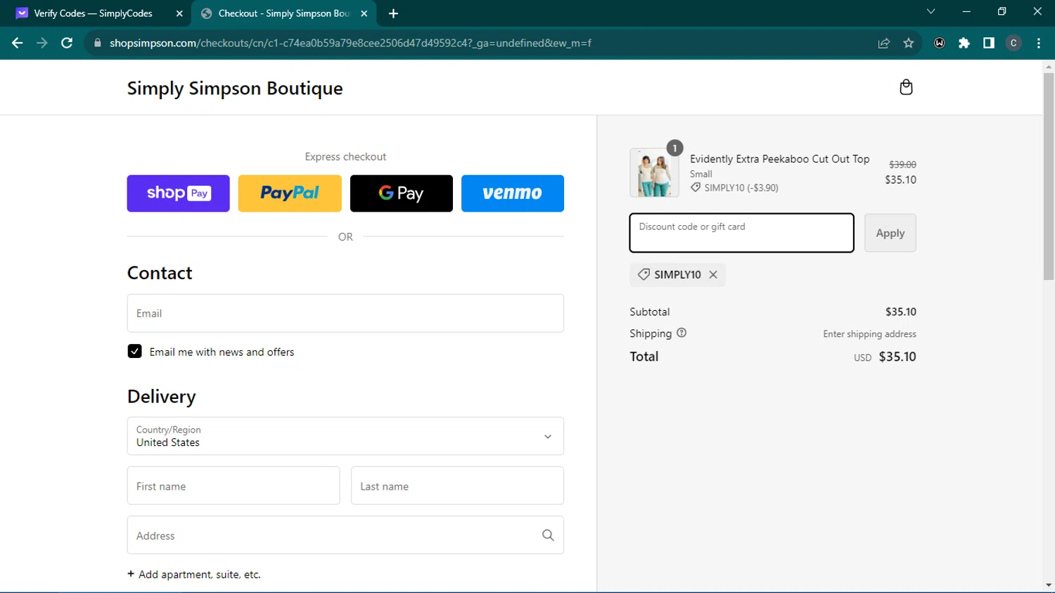 where to use Simply Simpson Boutique promo code box