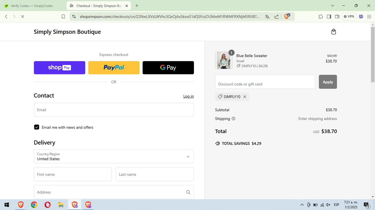 Simply Simpson Boutique promo code screenshot showing code SIMPLY10 applied at Simply Simpson Boutique checkout page. Uploaded by SimplyCodes community member RebateWizard4874 on Feb 1, 2025