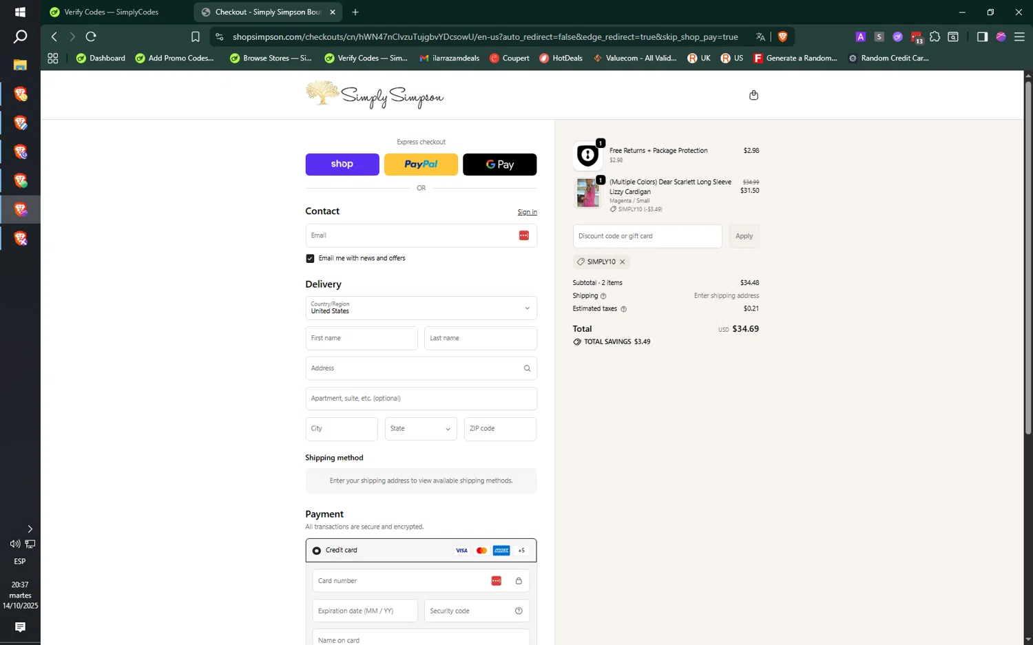 Simply Simpson Boutique promo code screenshot showing code SIMPLY10 applied at Simply Simpson Boutique checkout page. Uploaded by SimplyCodes community member jMoya06 on Oct 15, 2025