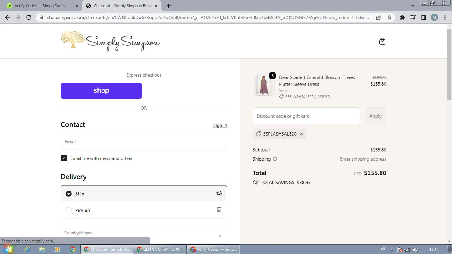 Simply Simpson Boutique checkout page showing Simply Simpson Boutique promo code box | Screenshot taken by SimplyCodes community member on Feb 10, 2026