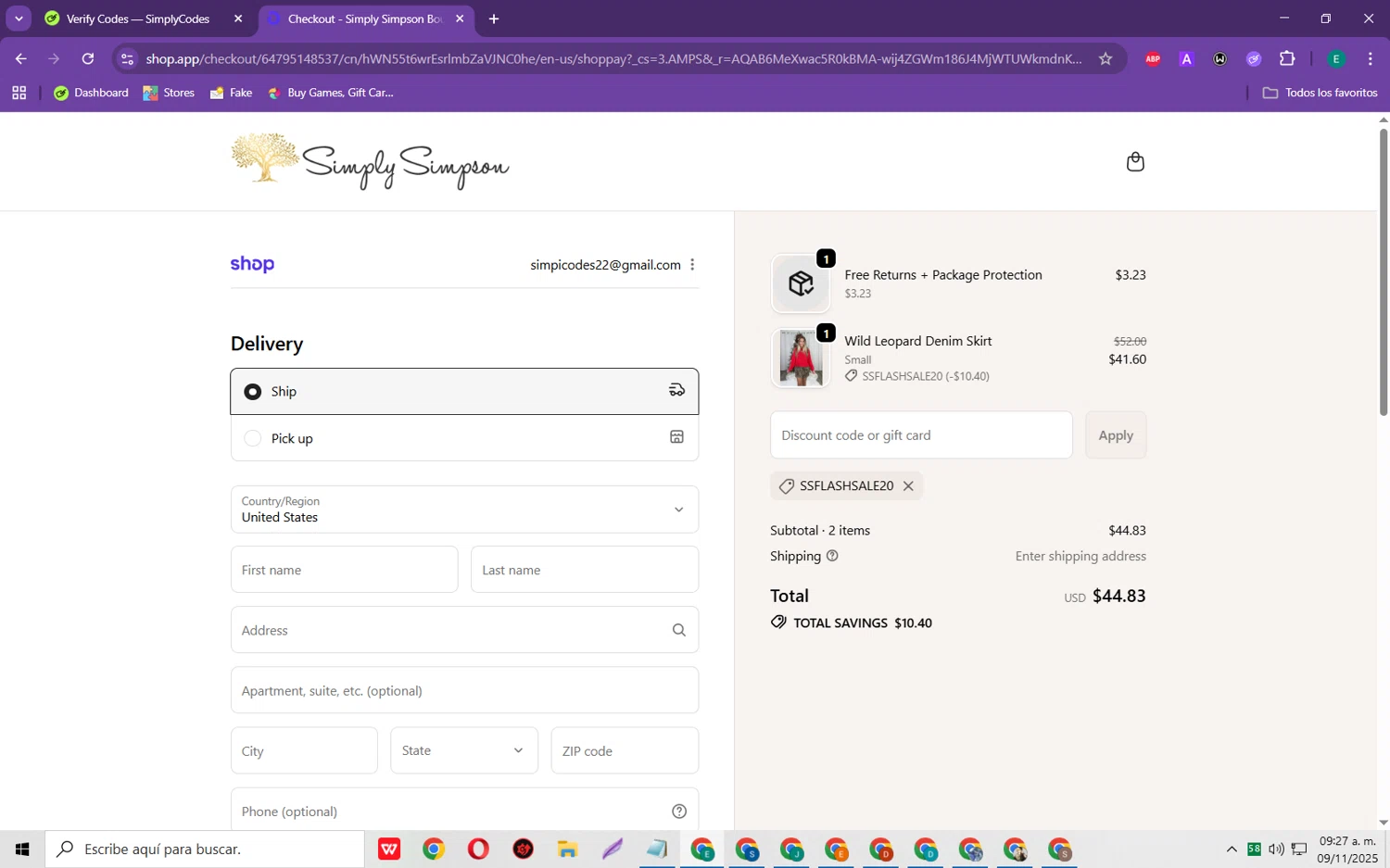 Simply Simpson Boutique promo code screenshot showing code SSFlashSale20 applied at Simply Simpson Boutique checkout page. Uploaded by SimplyCodes community member RebateScholar429 on Nov 9, 2025