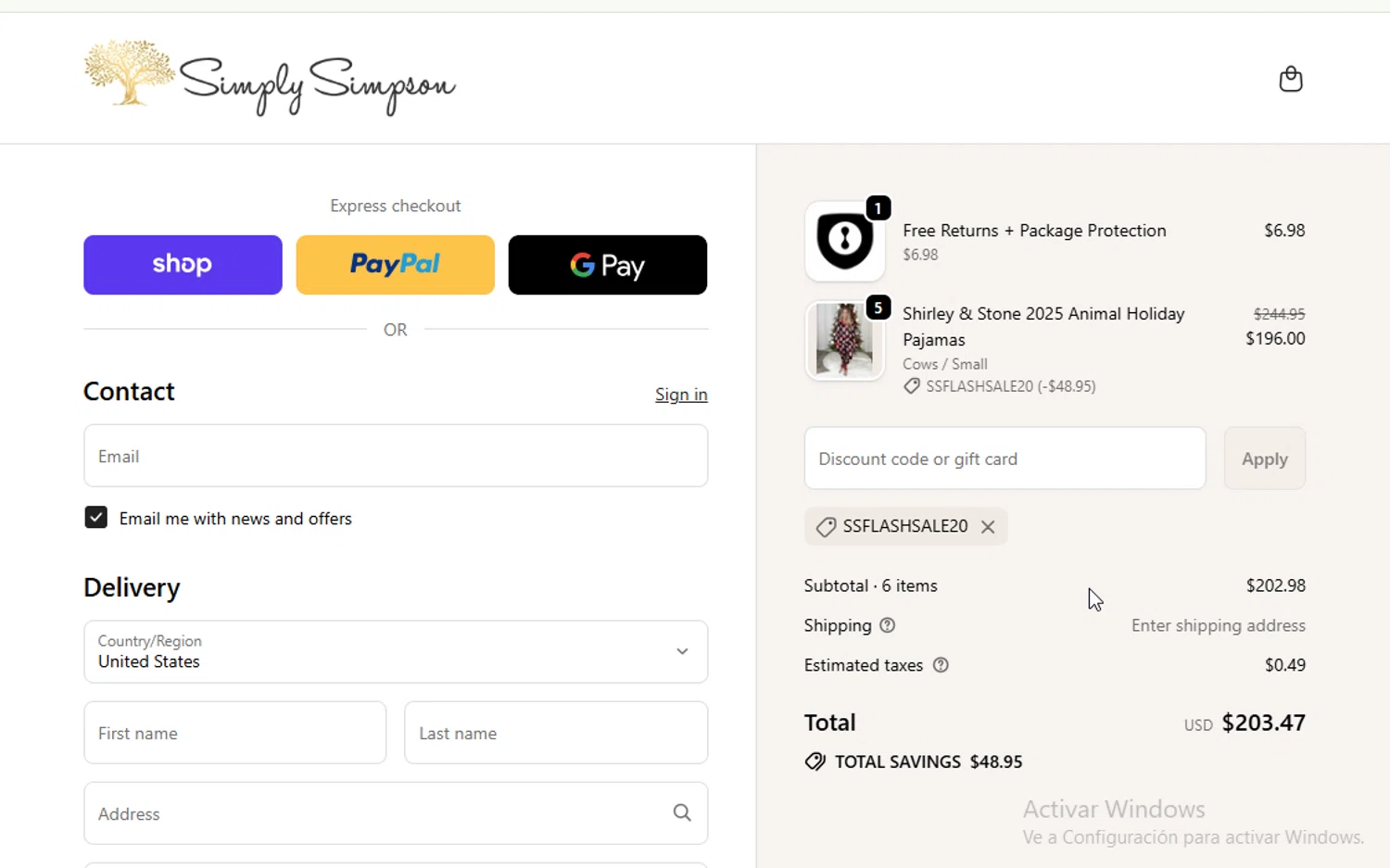 Simply Simpson Boutique promo code screenshot showing code SSFlashSale20 applied at Simply Simpson Boutique checkout page. Uploaded by SimplyCodes community member Sheele_Icon on Sep 29, 2025