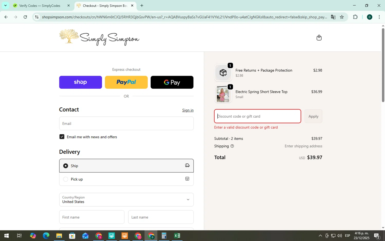 Simply Simpson Boutique promo code screenshot showing code Savings40 applied at Simply Simpson Boutique checkout page. Uploaded by SimplyCodes community member Rapitaxi on Dec 23, 2025