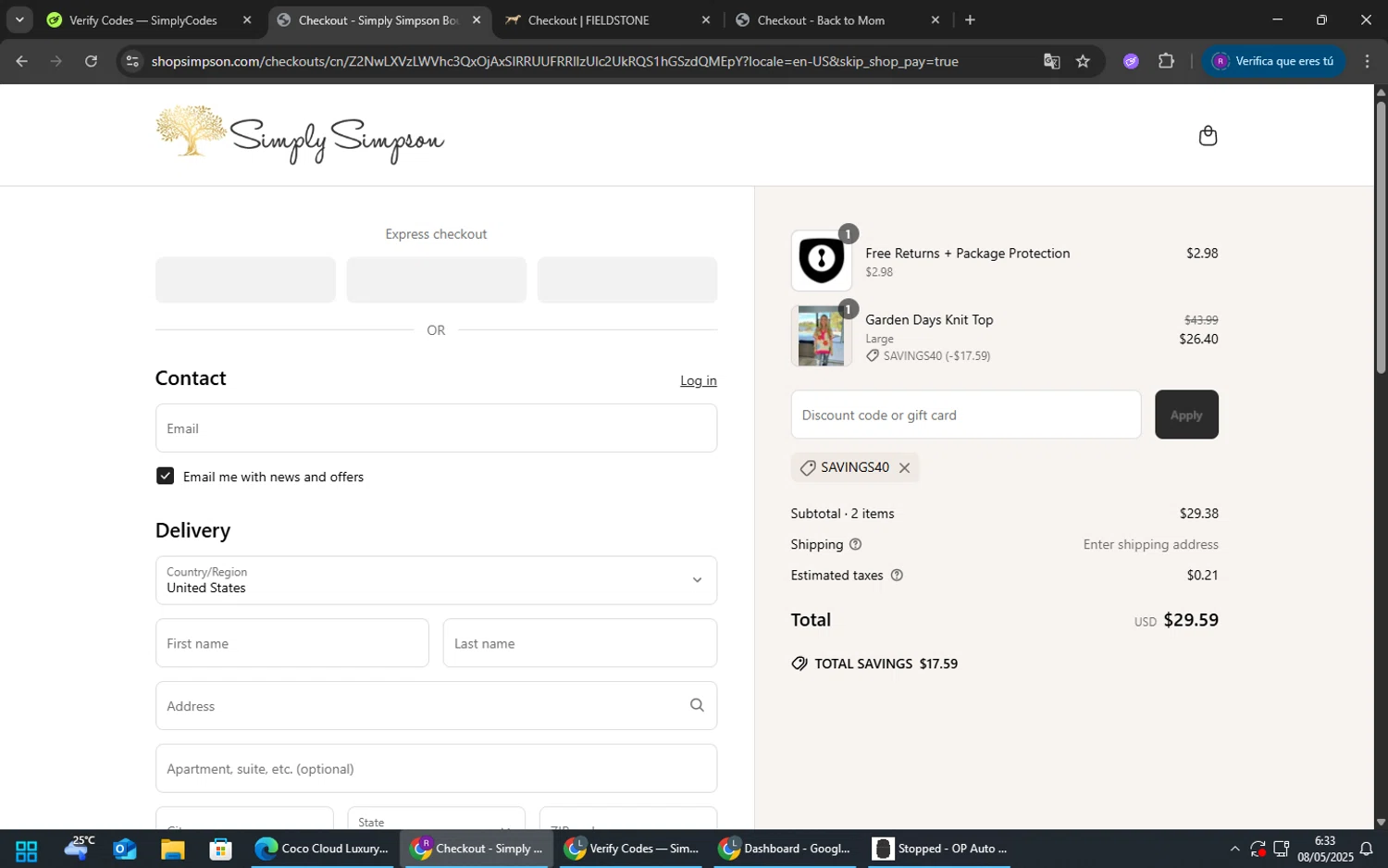 Simply Simpson Boutique promo code screenshot showing code Savings40 applied at Simply Simpson Boutique checkout page. Uploaded by SimplyCodes community member TokenFox2691 on May 8, 2025