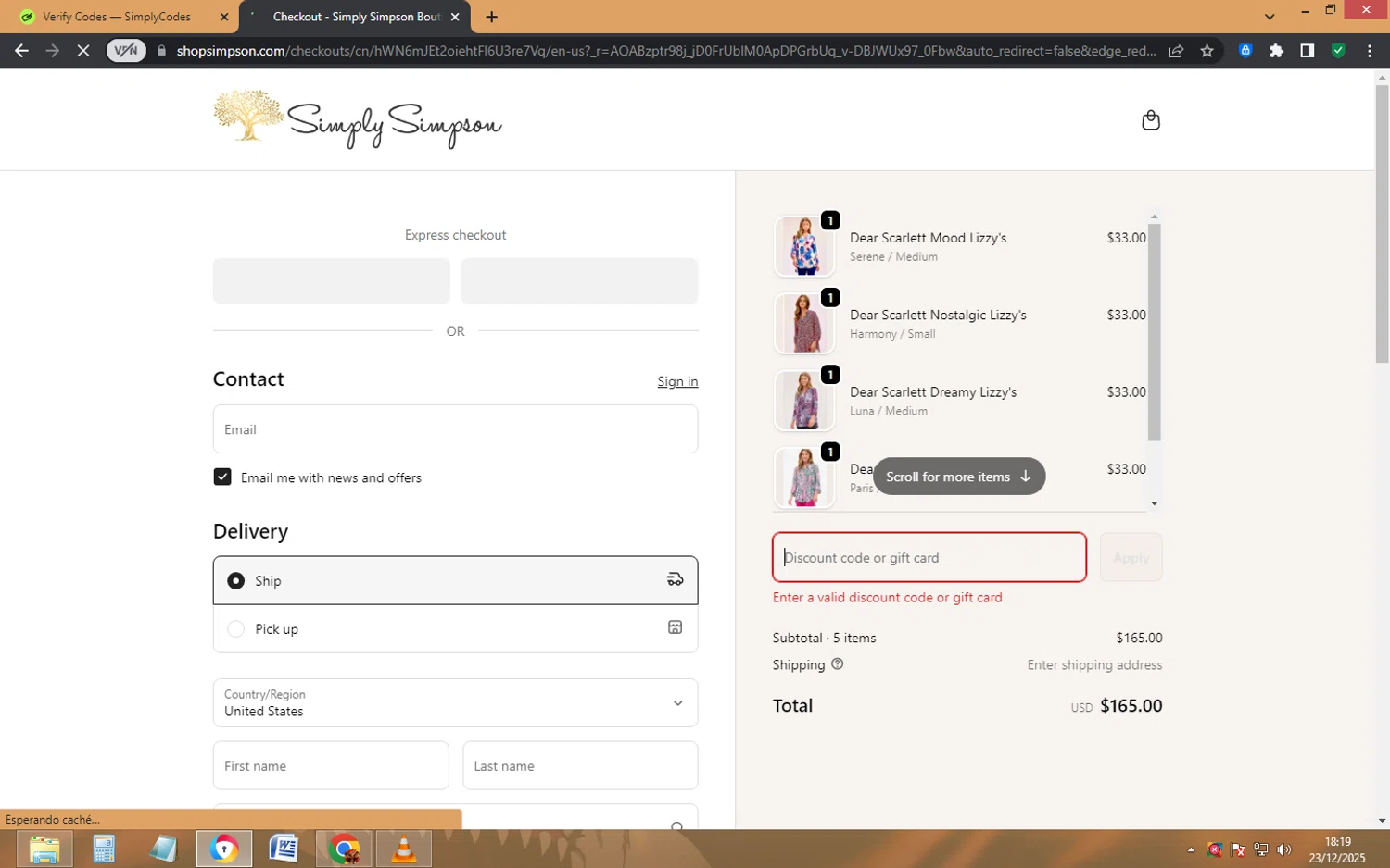 Simply Simpson Boutique promo code screenshot showing code SUMMER30 applied at Simply Simpson Boutique checkout page. Uploaded by SimplyCodes community member EpicHero3429 on Dec 23, 2025