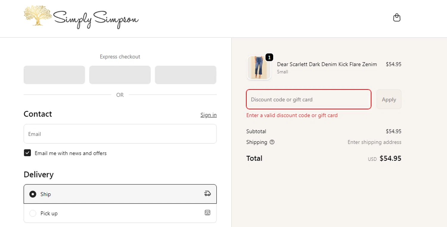 Simply Simpson Boutique promo code screenshot showing code EOY50 applied at Simply Simpson Boutique checkout page. Uploaded by SimplyCodes community member RonaldAcunaJr on Jan 31, 2026