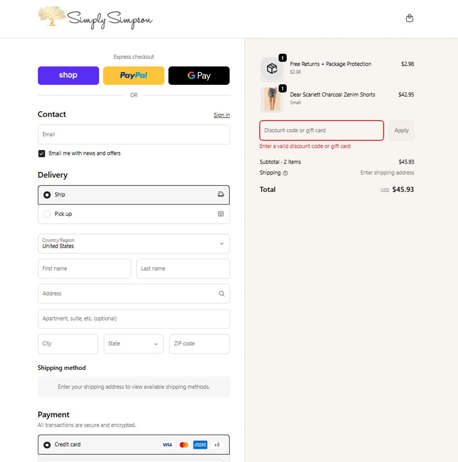 Simply Simpson Boutique promo code screenshot showing code EOY50 applied at Simply Simpson Boutique checkout page. Uploaded by SimplyCodes community member reggiesmith on Jan 31, 2026
