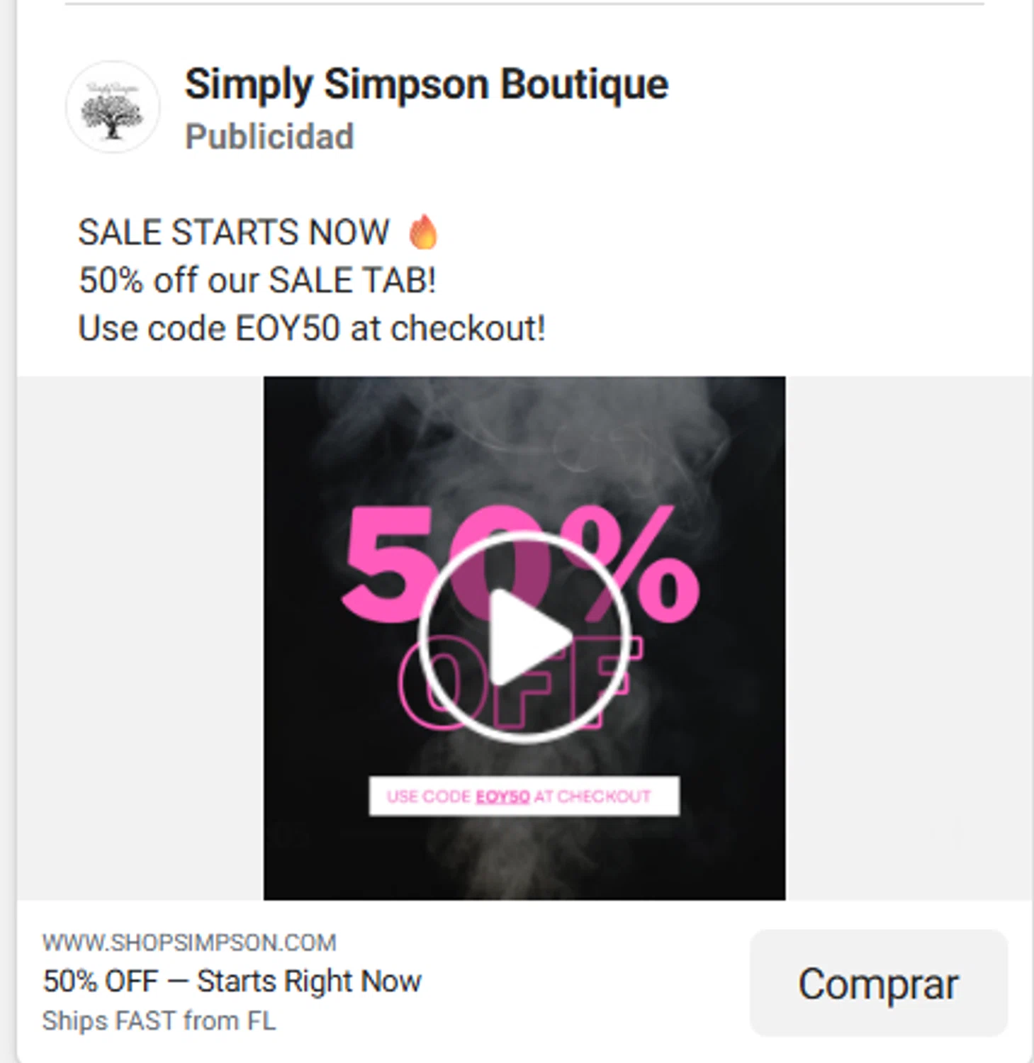 Simply Simpson Boutique promo code screenshot showing code EOY50 applied at Simply Simpson Boutique checkout page. Uploaded by SimplyCodes community member newhybridmen on Dec 28, 2025