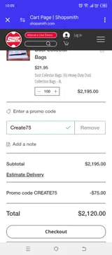 Create75 coupon verification screenshot