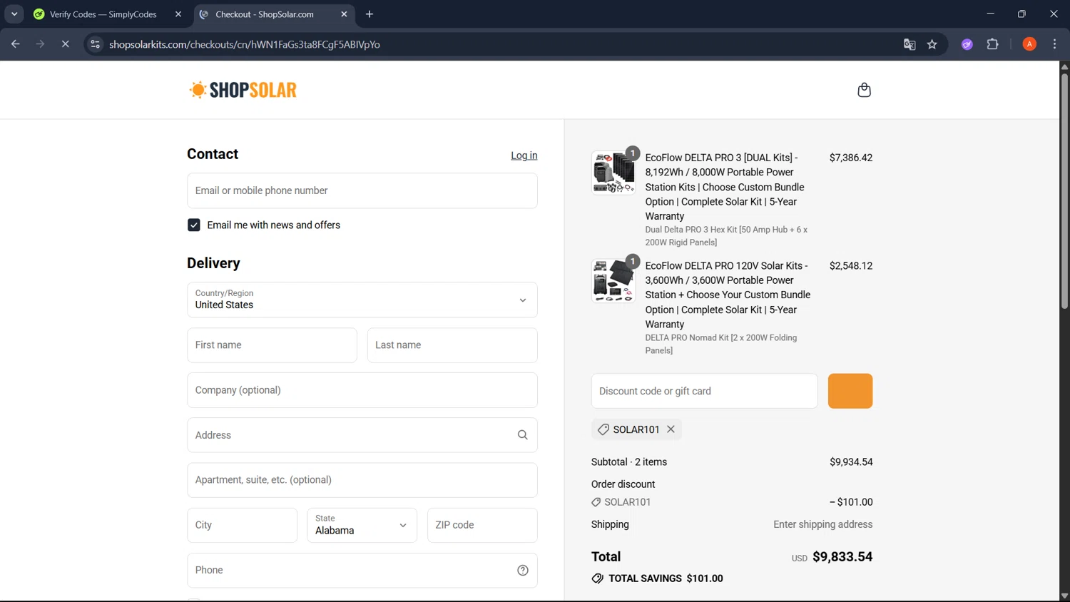 ShopSolarKits.com coupon code screenshot showing code SOLAR101 applied at ShopSolarKits.com checkout page. Uploaded by SimplyCodes community member GoldChaser2970 on Jul 31, 2025
