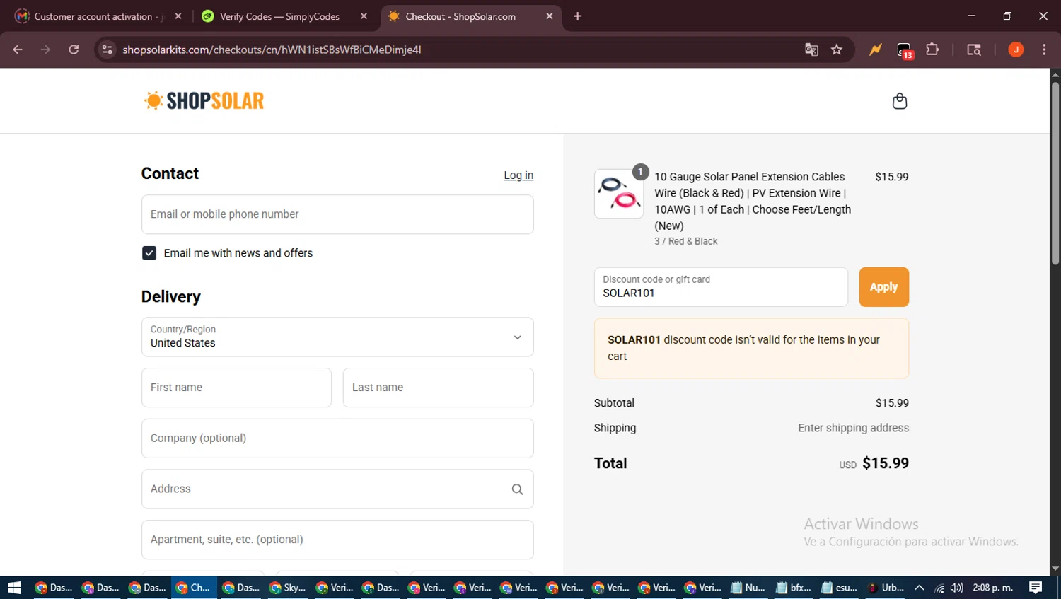ShopSolarKits.com coupon code screenshot showing code SOLAR101 applied at ShopSolarKits.com checkout page. Uploaded by SimplyCodes community member NobleAce2304 on Aug 12, 2025