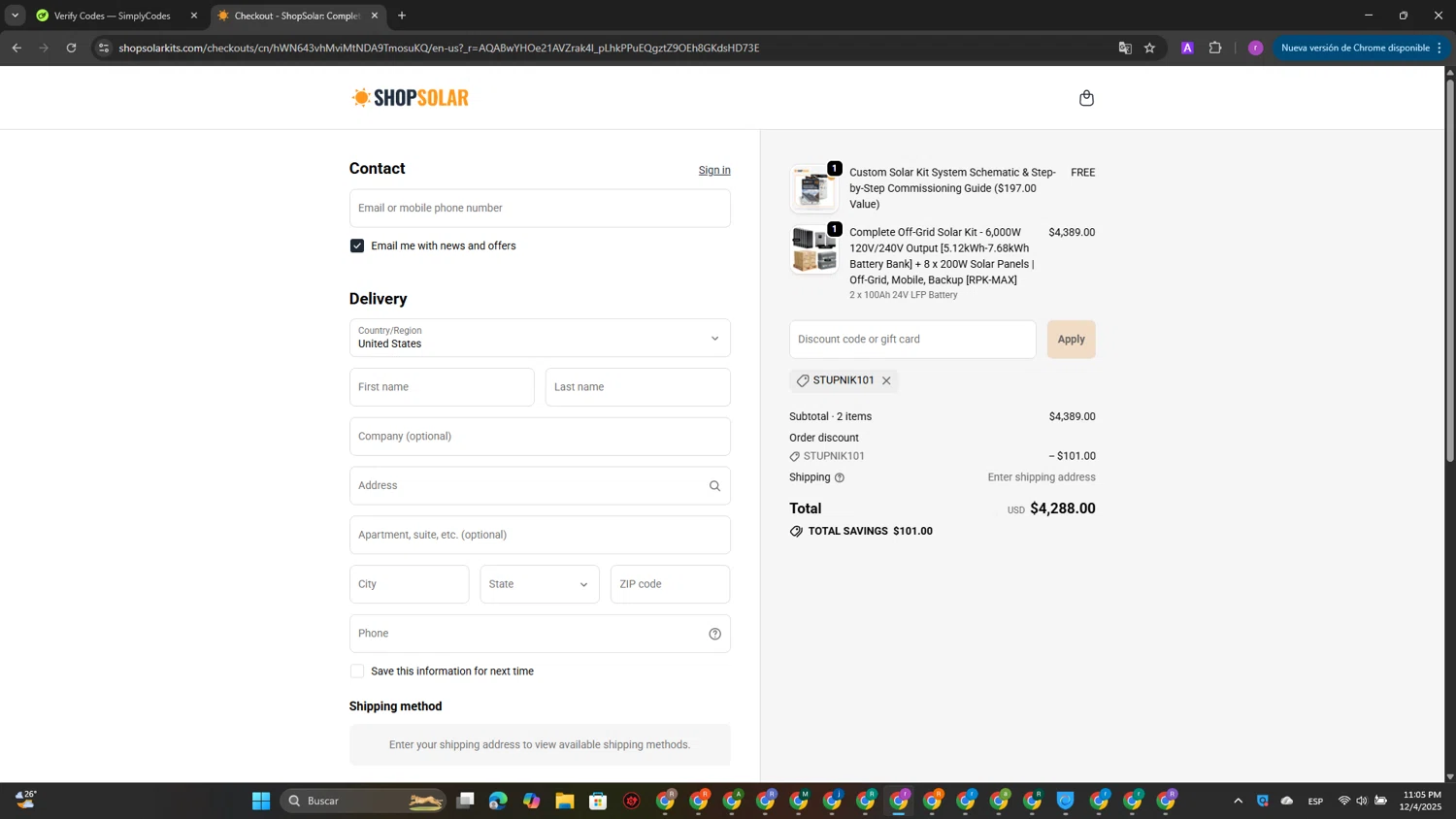 ShopSolarKits.com coupon code screenshot showing code STUPNIK101 applied at ShopSolarKits.com checkout page. Uploaded by SimplyCodes community member EpicScout8515 on Dec 5, 2025