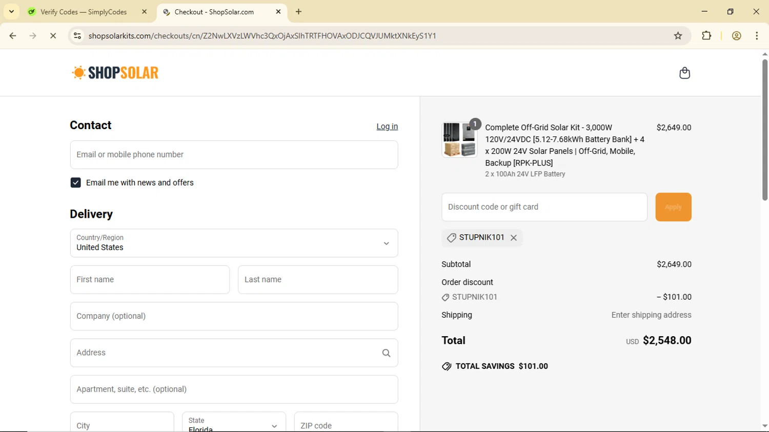 ShopSolarKits.com coupon code screenshot showing code STUPNIK101 applied at ShopSolarKits.com checkout page. Uploaded by SimplyCodes community member Luisitoxd12 on Jun 15, 2025