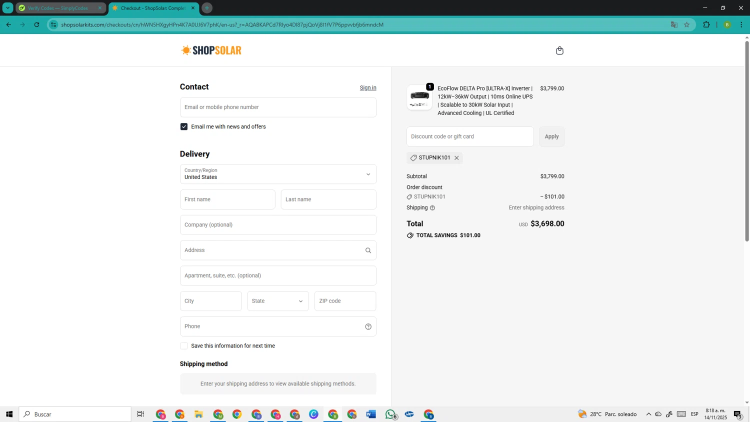 ShopSolarKits.com coupon code screenshot showing code STUPNIK101 applied at ShopSolarKits.com checkout page. Uploaded by SimplyCodes community member TokenOwl8222 on Nov 14, 2025
