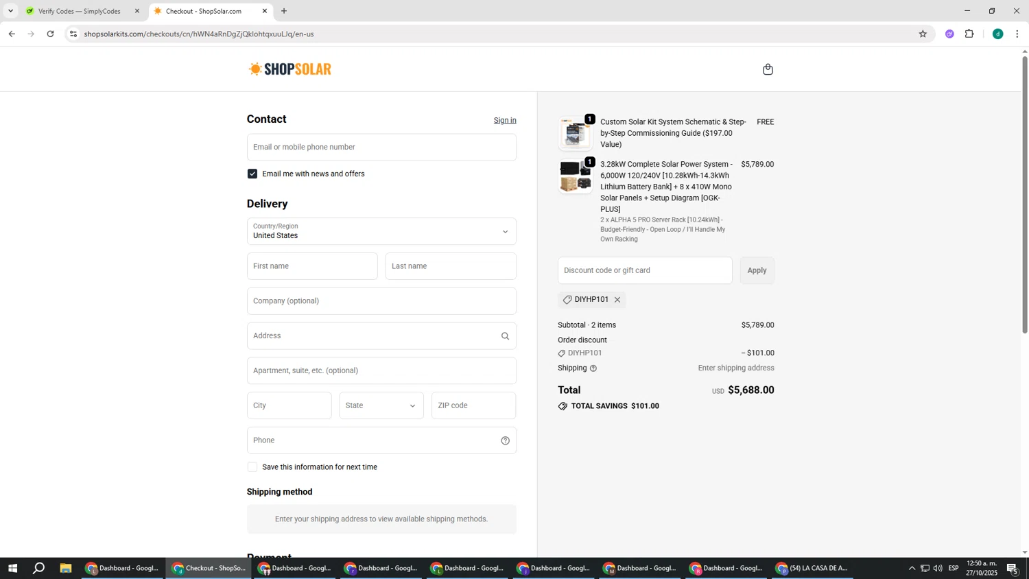 ShopSolarKits.com coupon code screenshot showing code DIYHP101 applied at ShopSolarKits.com checkout page. Uploaded by SimplyCodes community member HEROESCUDA on Oct 27, 2025