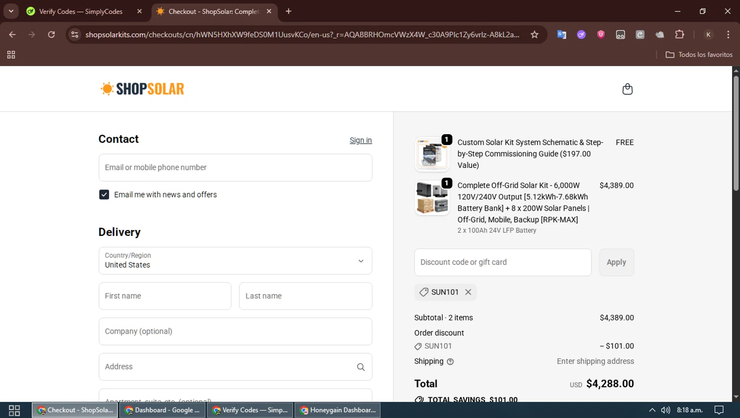 ShopSolarKits.com coupon code screenshot showing code SUN101 applied at ShopSolarKits.com checkout page. Uploaded by SimplyCodes community member SavingsBoss991 on Nov 14, 2025